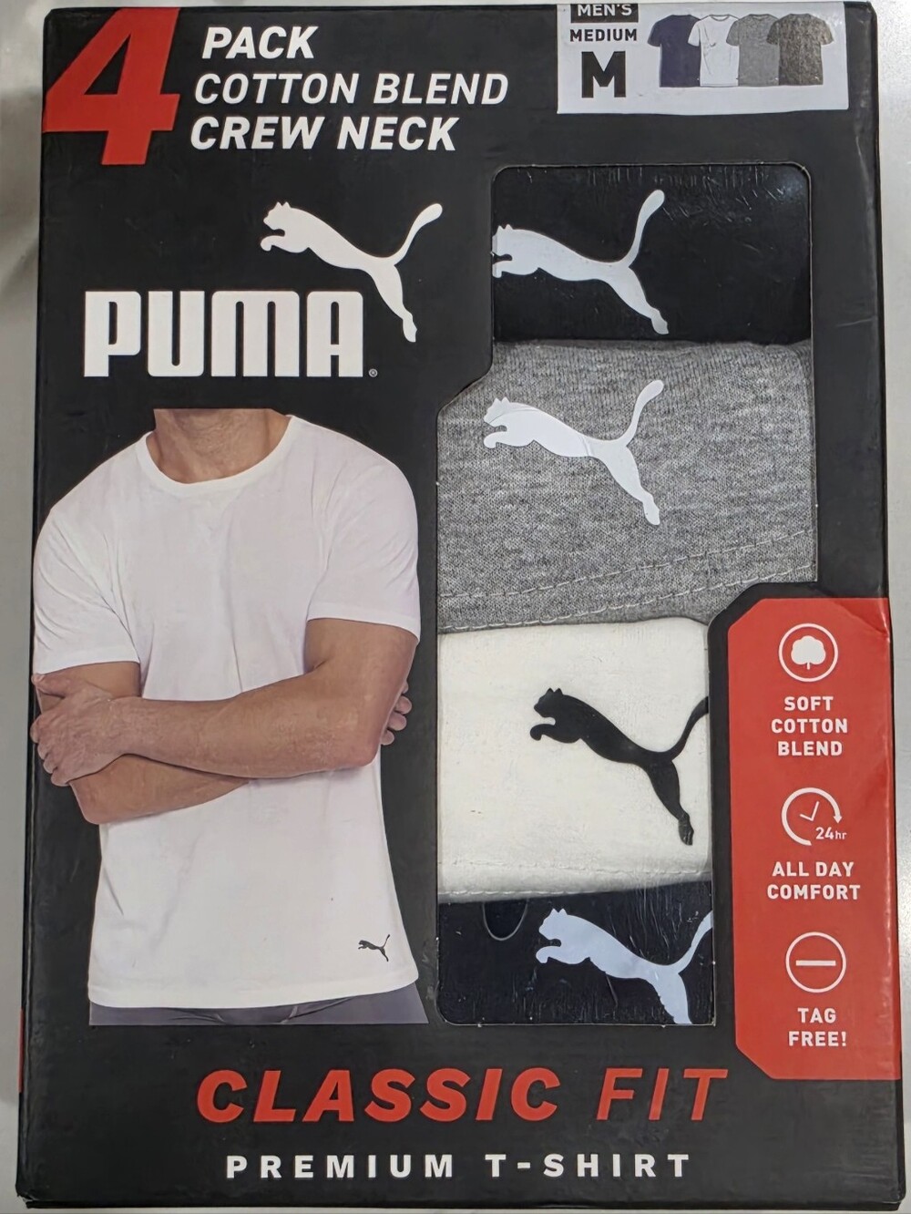 Puma Men's 4-Pack Crew Neck T-Shirts - White, Gray, Black